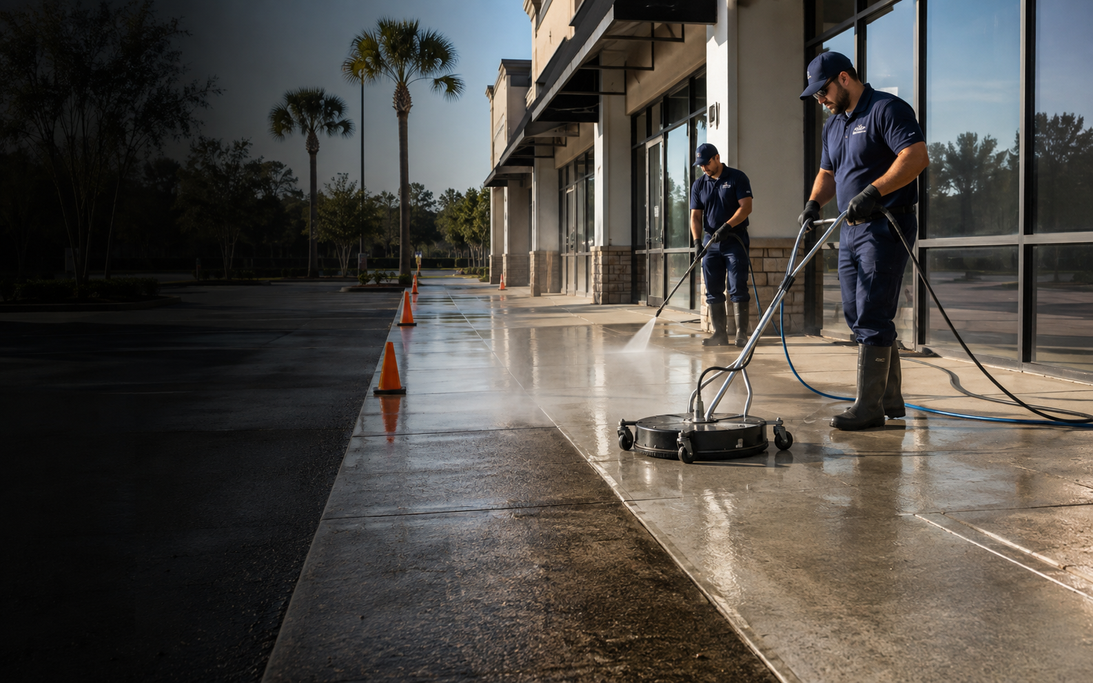 Commercial pressure washing crew cleaning a storefront