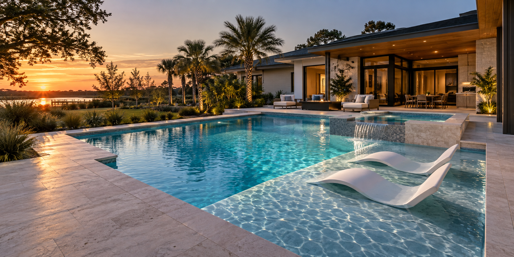 Modern custom pool and outdoor living space at sunset