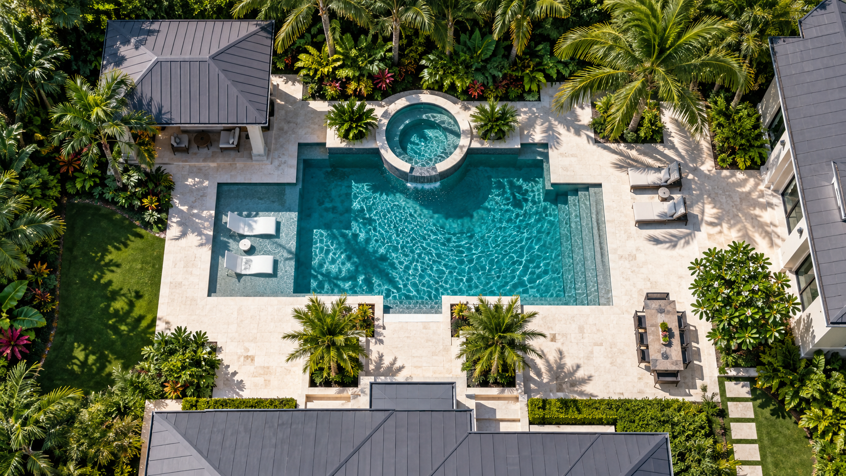 Overhead view of a custom tropical pool and outdoor living plan